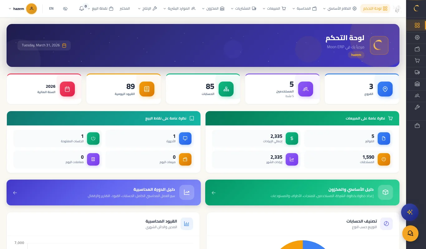 لوحة التحكم في Moon ERP