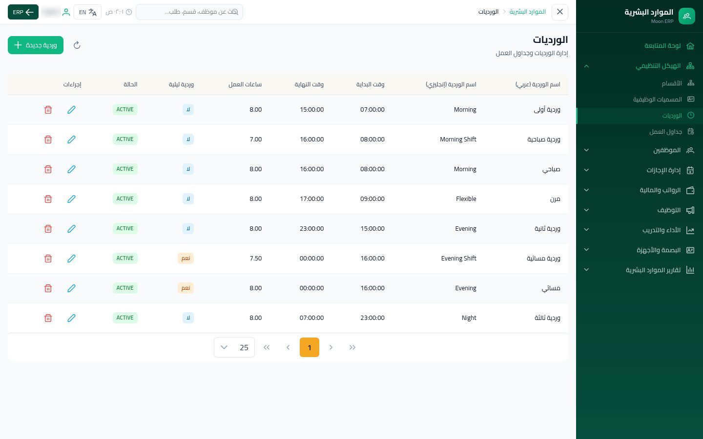 الورديات — شاشة Moon ERP