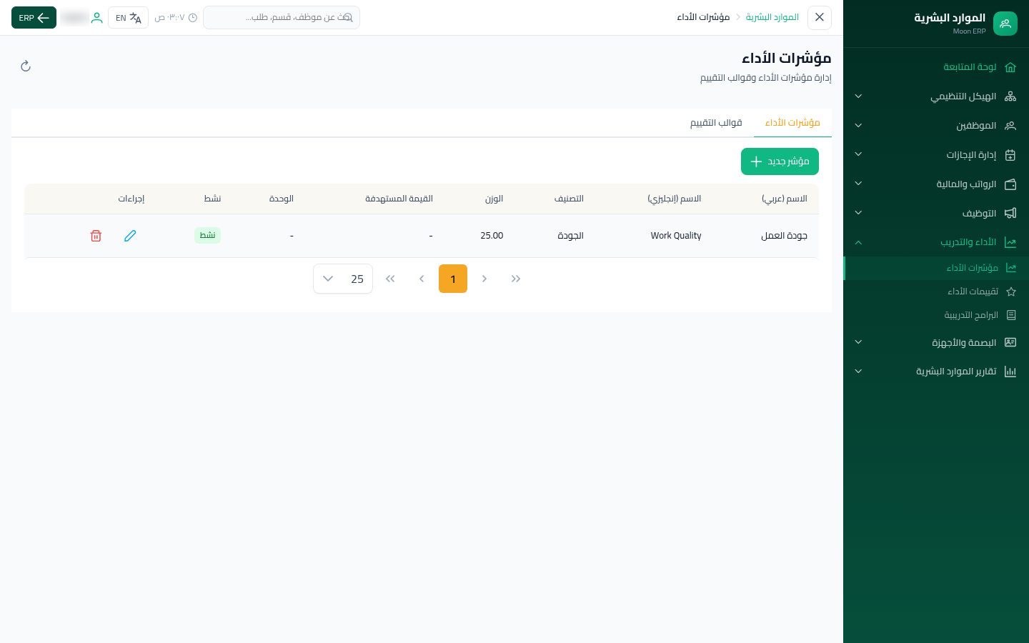 مؤشرات الأداء — شاشة Moon ERP
