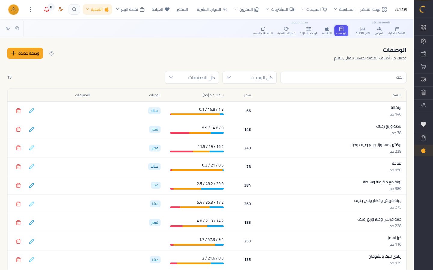 الوصفات — شاشة Moon ERP